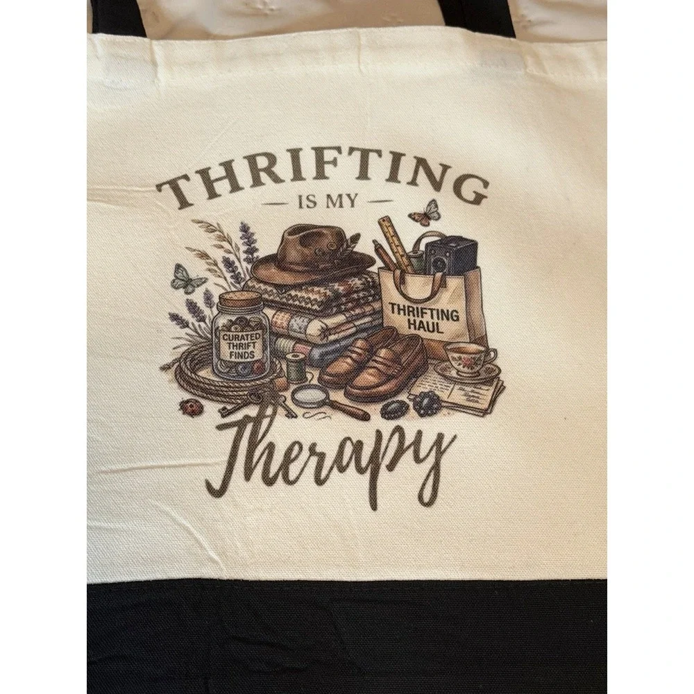 Thick Canvas Tote Bag Double Handles. 15x18.5x4.72. Thrifting Is My Therapy.